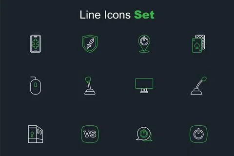 Set line Power button, VS Versus battle, Case of computer, Microphone, Comp.. Stock Illustration