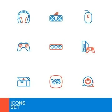 Set line Power button, VS Versus battle, Chest for game, Game console with .. Stock Illustration
