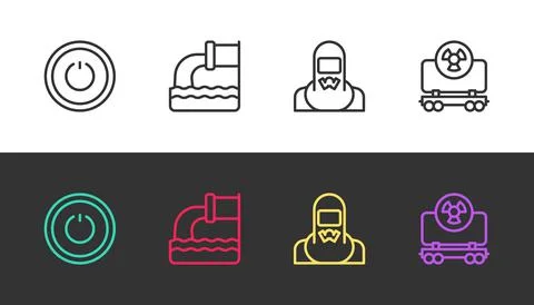 Set line Power button, Wastewater, Nuclear reactor worker and Radioactive cargo Illustrazione stock