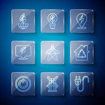 Set line Power button, Wind turbine, Electric plug, Lightning bolt, tower, .. 스톡 일러스트