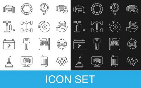 Set line Power car engine, Car service, Auto check automotive, Tire pressure Stock Illustration