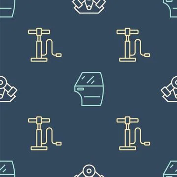 Set line Power car engine, Car air pump and door on seamless pattern. Vector Illustrazione stock
