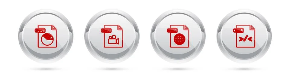 Set line PPT file document, MOV, HTML and XSL. Silver circle button. Vector Stockillustratie