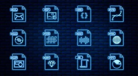 Set line PPT file document, HTML, CSS, PNG, WMA, EML, WAV and GIF icon. Vector Stock Illustration