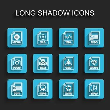 Set line PPT file document, MP3, HTML, RAW, WAV, 3DS, RUBY and OBJ icon. Vector Stock Illustration