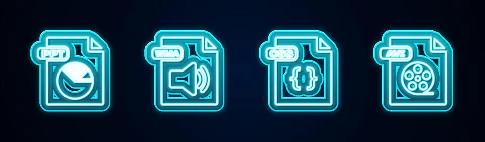Set line PPT file document, WMA, CSS and AVI. Glowing neon icon. Vector Stock Illustration