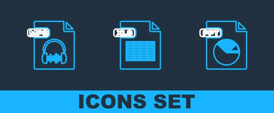 Set line PPT file document, MP3 and XLS icon. Vector 库存插图