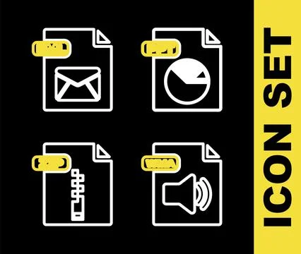 Set line PPT file document, WMA, ZIP and EML icon. Vector Illustrazione stock