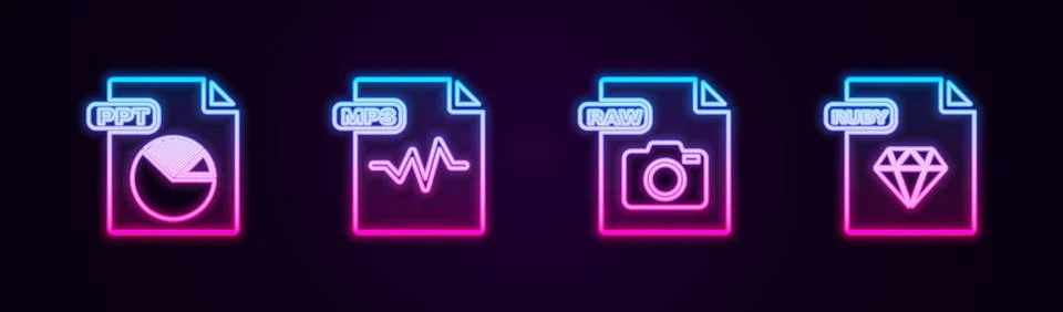 Set line PPT file document, MP3, RAW and RUBY. Glowing neon icon. Vector Stock Illustration
