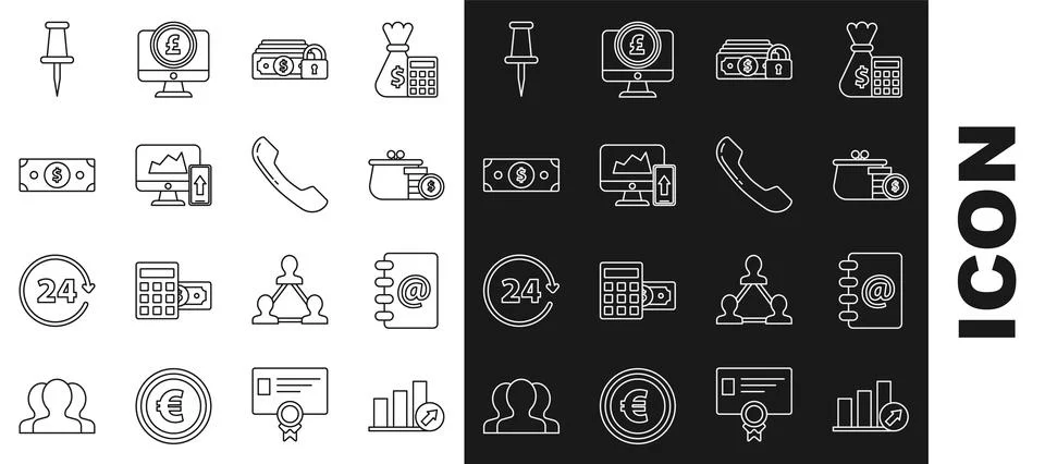Set line Presentation financial with graph, Wallet coins, Money lock, Financial イラスト素材