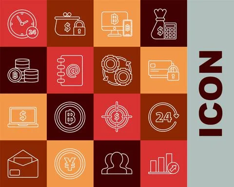 Set line Presentation financial with graph, Credit card, Computer monitor mobile Illustrazione stock