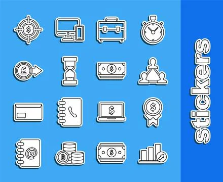 Set line Presentation financial with graph, Project team base, Briefcase, Old イラスト素材