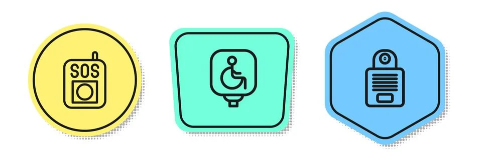 Set line Press the SOS button, Disabled wheelchair and Intercom. Colored shapes Stock Illustration
