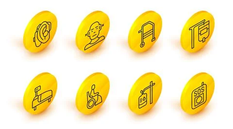 Set line Press the SOS button, IV bag, Woman in wheelchair, Hospital bed, Walker Stock Illustration