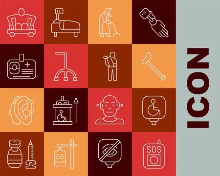 Set line Press the SOS button, Disabled wheelchair, Walking stick cane, Gra.. Illustrazione stock