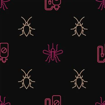 Set line Pressure sprayer, Cockroach and Mosquito on seamless pattern. Vector Illustrazione stock