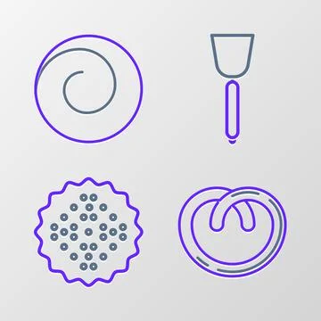 Set line Pretzel, Cracker biscuit, Spatula and Roll bun with cinnamon icon. V Stock Illustration