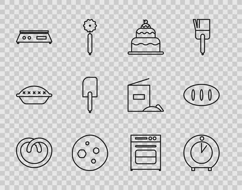 Set line Pretzel, Kitchen timer, Cake, Cookie or biscuit with chocolate Stock Illustration