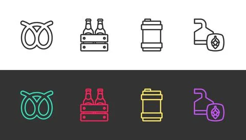 Set line Pretzel, Pack of beer bottles, Metal keg and Beer brewing process on 스톡 일러스트