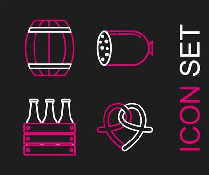 Set line Pretzel, Pack of beer bottles, Salami sausage and Wooden barrel ic.. Stock Illustration