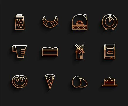 Set line Pretzel, Slice of pizza, Grater, Chicken egg, Stack pancakes, Brow.. Stock Illustration