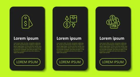 Set line Price tag with dollar, Tax cardboard box and payment. Business Stock Illustration