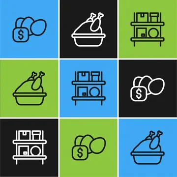 Set line Price tag for egg, Warehouse interior with boxes and Roasted turke.. Stock Illustration