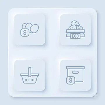 Set line Price tag for egg, Wooden box fruits, Shopping basket and Carton c.. Stock Illustration