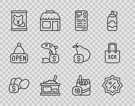 Set line Price tag for egg, Discount percent, Paper financial check, Tin ca.. Stock Illustration
