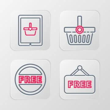 Set line Price tag with text Free, Shopping basket and on tablet icon. Vector Stock Illustration