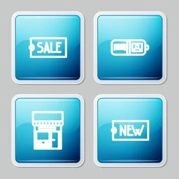Set line Price tag with text Sale, Wallet, Shopping building or market store  Stock Illustration