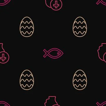 Set line Priest, Easter egg and Christian fish symbol on seamless pattern. Ve Stock Illustration