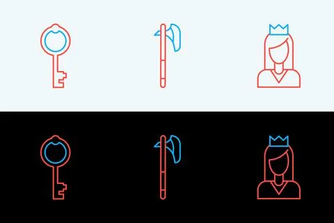 Set line Princess, Old key and Medieval axe icon. Vector Stock Illustration