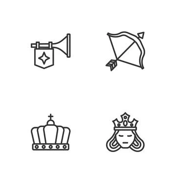 Set line Princess or queen, King crown, Trumpet with flag and Medieval bow and 스톡 일러스트