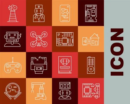 Set line Printed circuit board PCB, Remote control, Smart home, Algorithm, Drone Stock Illustration