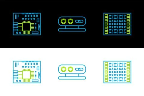 Set line Printed circuit board PCB, and 3d scanning system icon. Vector Stock Illustration