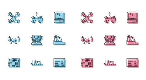 Set line Printed circuit board PCB, Drone flying action camera, Software, w.. Illustrazione stock