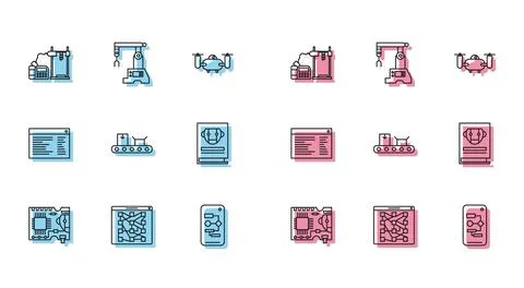Set line Printed circuit board PCB, 3D printer, Algorithm, Conveyor belt wi.. Stock Illustration
