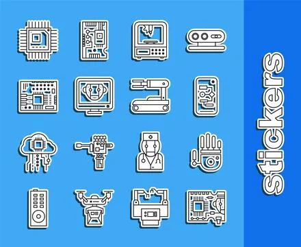 Set line Printed circuit board PCB, Mechanical robot hand, Algorithm, 3D pr.. イラスト素材