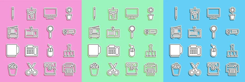 Set line Printer, Binder clip, Movie, film, media projector, Computer monitor Stock Illustration