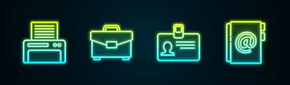 Set line Printer, Briefcase, Identification badge and Address book. Glowing.. Stock Illustration