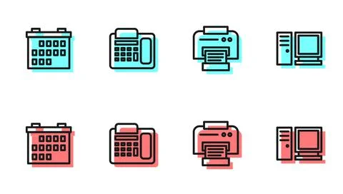 Set line Printer, Calendar, Telephone and Computer monitor icon. Vector 库存插图