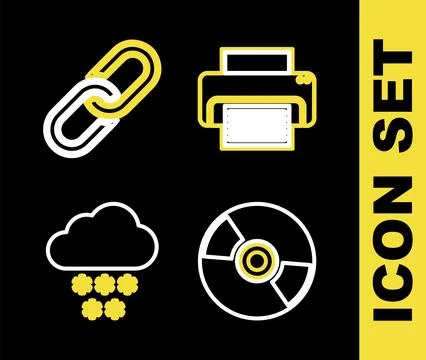 Set line Printer, CD or DVD disk, Cloud with snow and Chain link icon. Vector Stock Illustration