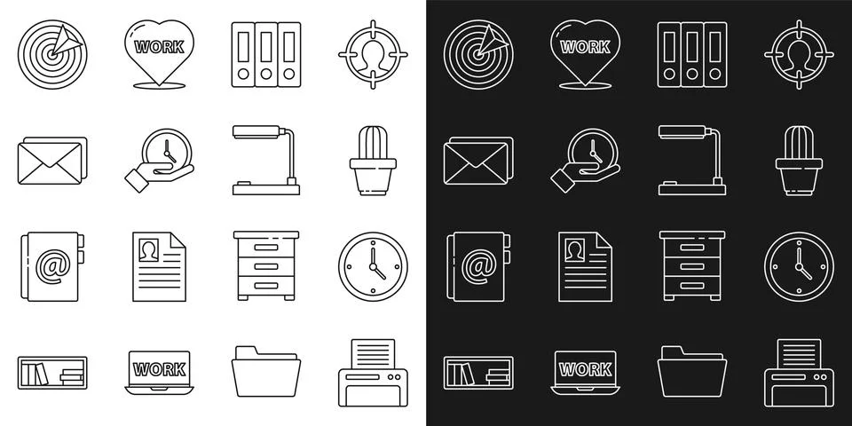 Set line Printer, Clock, Cactus and succulent pot, Office folders, Envelope.. Illustrazione stock