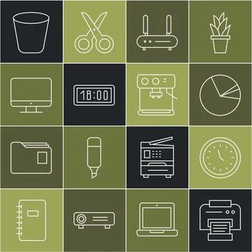 Set line Printer, Clock, Pie chart infographic, Router and wi-fi signal, Digital Stock Illustration