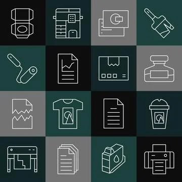 Set line Printer, Coffee cup to go, Ink bottle, Business card, Document with イラスト素材