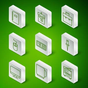 Set line Printer, Coffee cup, Spiral notebook, Digital alarm clock, Computer 库存插图