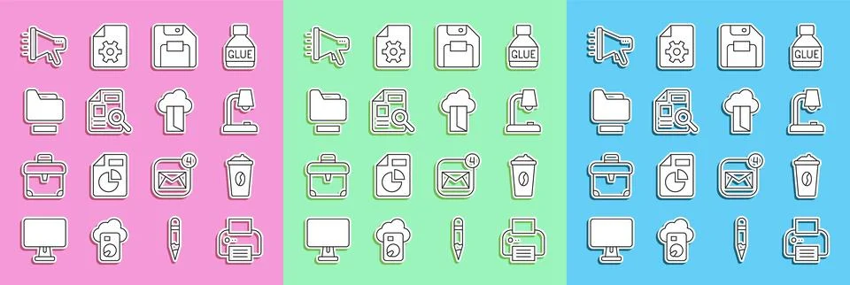 Set line Printer, Coffee cup to go, Table lamp, Floppy disk, Document with .. Stock Illustration