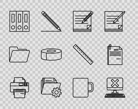 Set line Printer, Computer with keyboard and x mark, Blank notebook pencil er Stock Illustration
