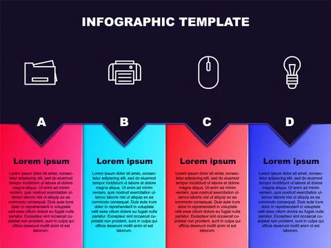 Set line Printer, , Computer mouse and Light bulb. Business infographic template Stock Illustration